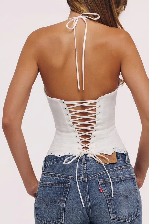 Zizi White Halter Neck Broderie Anglaise Corset Top Zizi White Halter Neck Broderie Anglaise Corset Top