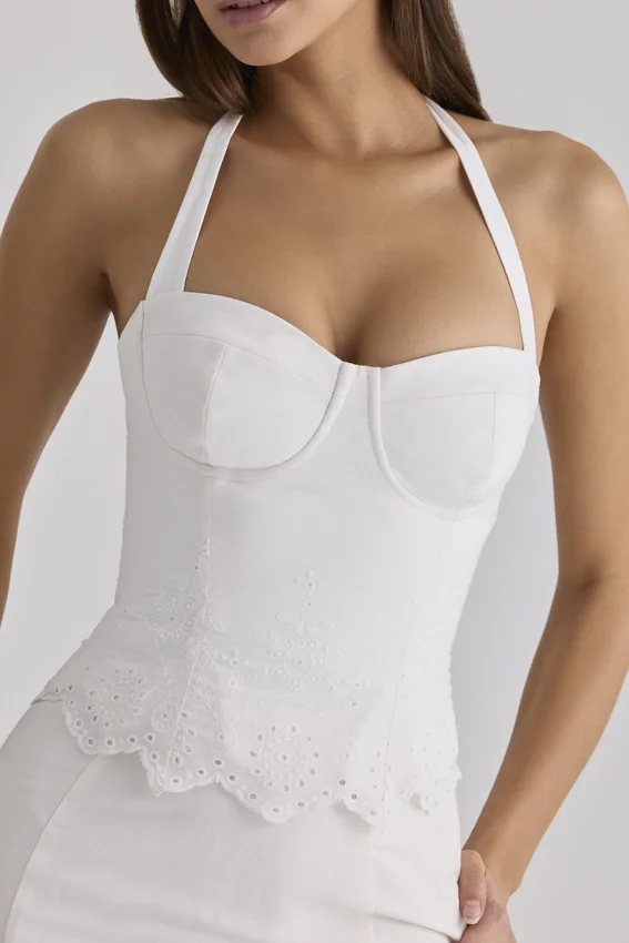 Zizi White Halter Neck Broderie Anglaise Corset Top Zizi White Halter Neck Broderie Anglaise Corset Top