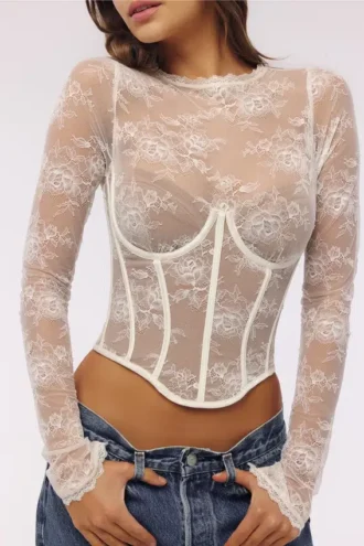 Zoe Vintage Ivory Lace Long Sleeve Corset Top